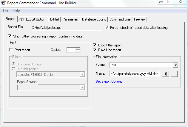 Screen capture of Report Commander Command Line Builder user interface